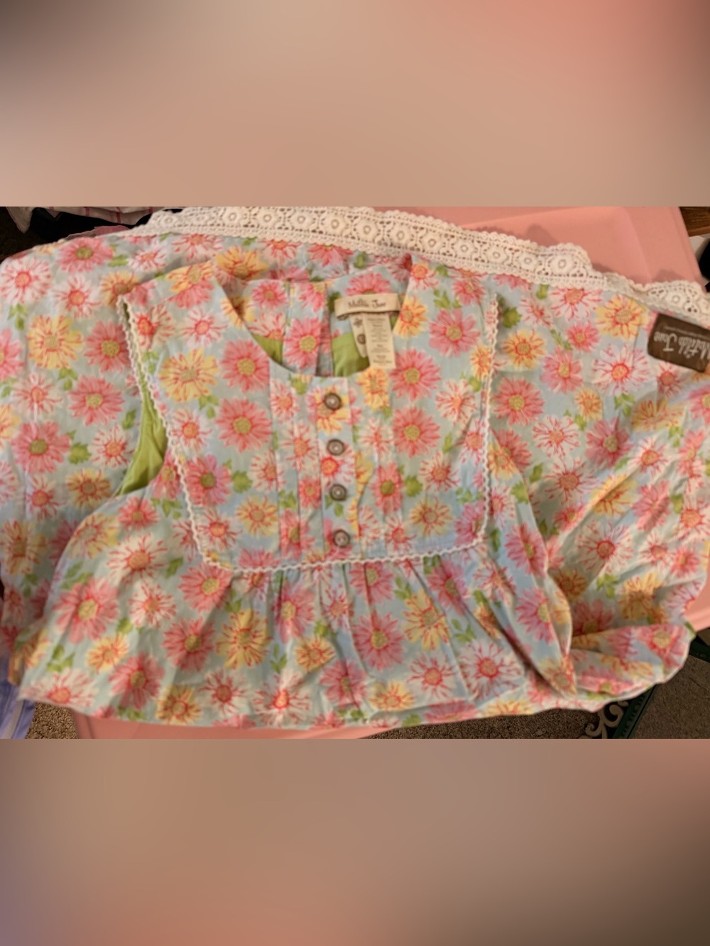 Matilda Jane Light Blue Pink Floral Dress with Lace Trim